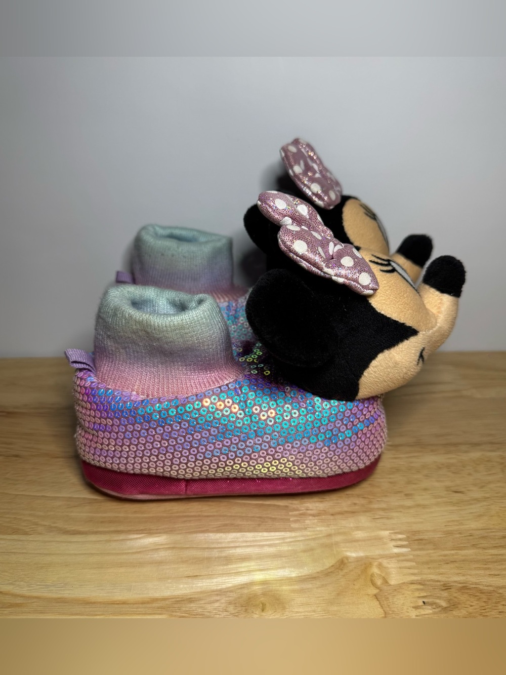 Disney Minnie Mouse Toddler Girls Slipper 5-6 Pink Sequin House Shoes Loungewear - Picture 3 of 8